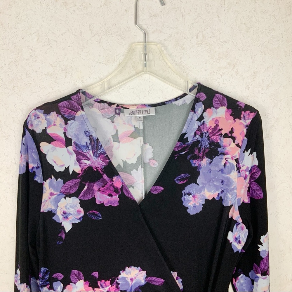 Jennifer Lopes Black Floral Long Sleeve Faux Wrap Maxi Dress M Leg Split Wedding - Picture 3 of 10